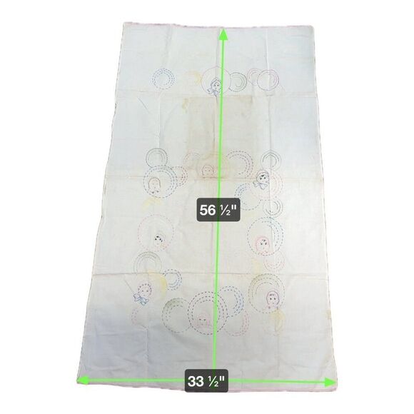 Vintage Hand Embroidered Baby Doll Child Faces & Printed Fabric  56.5 x 33.5 SEE - Picture 3 of 7